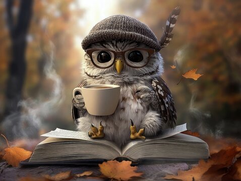 Cute owl reads and drinks coffee in fall forest, enjoying the autumn nature