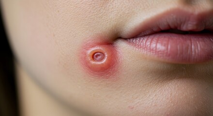 Close-up of a skin lesion near the mouth, showing the inflammation and redness associated with it.