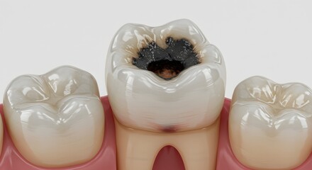 Detailed 3d rendering of a molar with a significant cavity, highlighting dental decay.