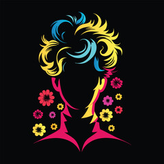 Pop Art Male Silhouette – Retro Neon Portrait with Colorful Hair & Flowers