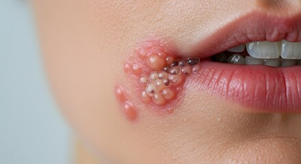 Detailed view of a mouth affected by herpes simplex, showing blisters and skin irritation.