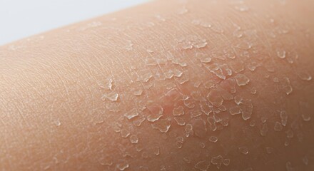 Fototapeta premium Macro image of human skin with evident peeling, indicating sun damage or dryness of the skin.