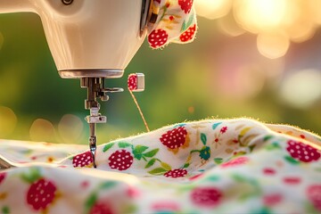 Vintage sewing machine stitching colorful fabric