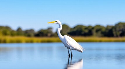 Obraz premium Majestic egret stands in tranquil waters