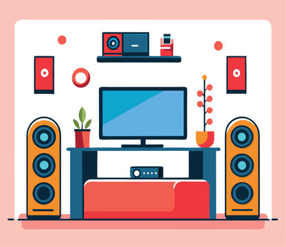 Flat home entertainment setup shows television, speakers, console, and various other decorative items