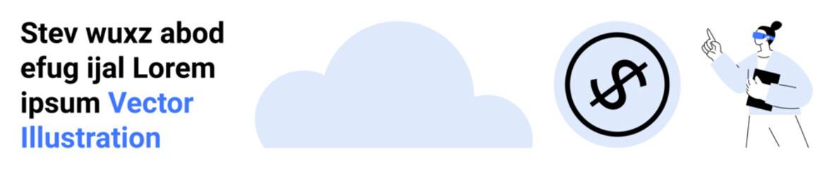 Cloud shape, dollar sign in a circle, person pointing while holding a file. Ideal for finance, cloud computing, business strategy, data presentation, investment, analytics simple landing page