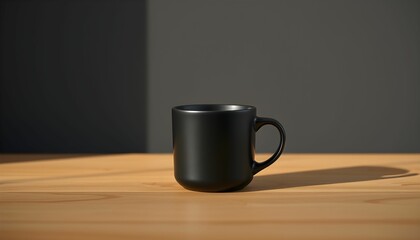Matte black ceramic mug, minimalist design, wooden table surface, dark gray background, studio lighting, product photography, sleek aesthetics