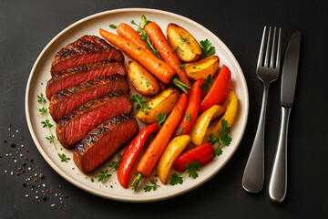 Grilled steaks with fresh vegetables on a white plate make a gourmet meal, food photography