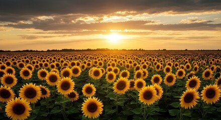Obraz premium Sunflower Field at Sunset with Dramatic Sky Landscape