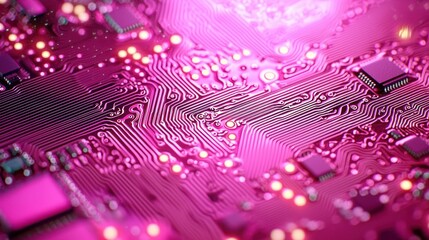 Pink electronic circuit board detail with light effects