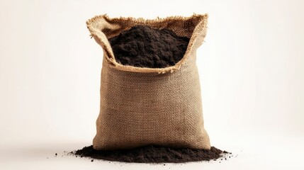 A burlap sack filled with rich soil perfect for gardening and agriculture needs