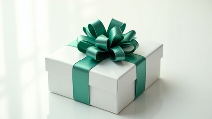 Fototapeta premium Elegant white gift box with emerald green bow