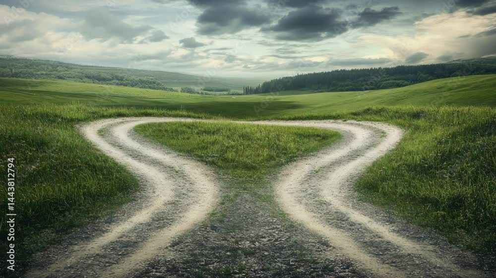 Poster a rural scene with two roads meeting at right angles in the middle of a green field