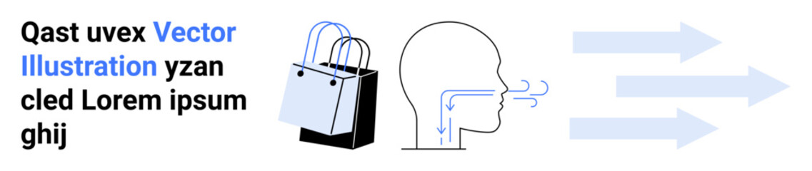 Shopping bags, right arrows, and airflow illustration near a speaking human outline. Ideal for e-commerce, delivery, communication, marketing, customer interaction, shopping experience flat