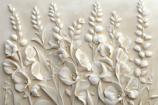 Ornate floral bas-relief design in light beige.