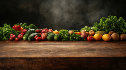 of fresh fruits and vegetables on wooden table.
