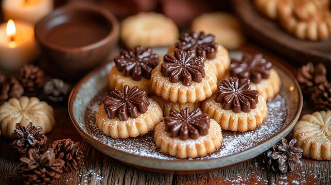 Plate of festive cookies topped with star-shaped chocolate - Powered by Adobe