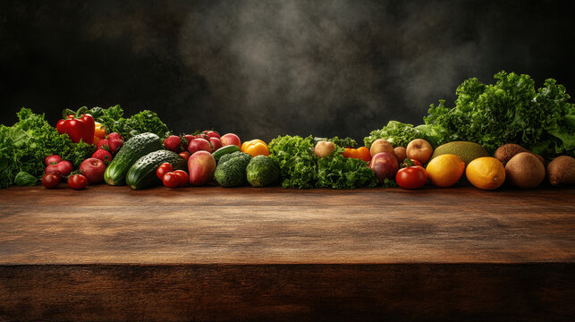 of fresh fruits and vegetables on wooden table.