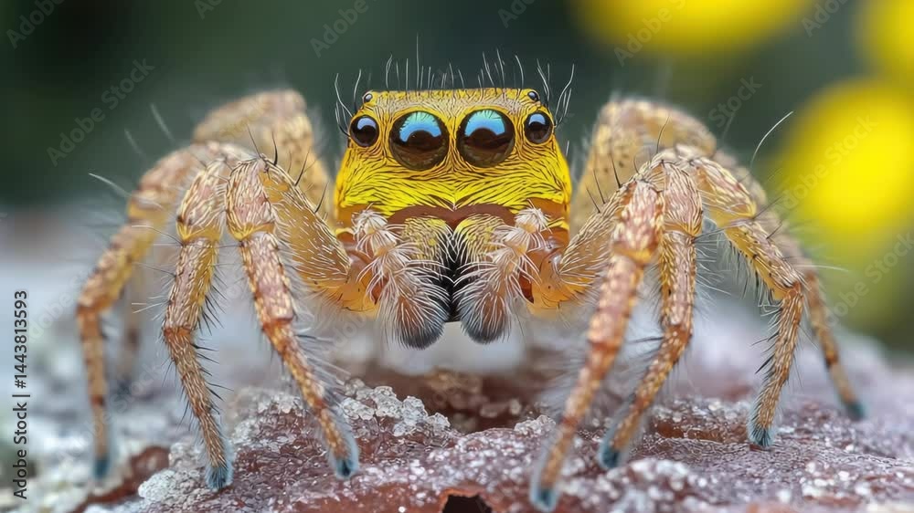 Poster a close-up view of a spider sitting on a rock, with intricate details