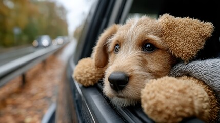A cute puppy gazes longingly from a car window, capturing a moment of adventure and curiosity as it feels the fresh air and experiences the thrill of the ride.