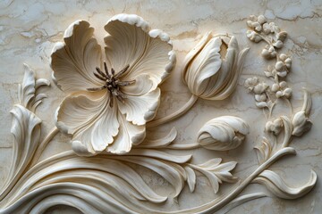 Ornate floral relief carving on a light beige surface.