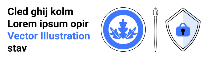 Oak leaf emblem in blue ring, paintbrush representing creativity, and security shield with lock icon. Ideal for creativity, design, security, technology, identity, education art flat landing page