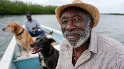 A smiling elderly man sits on a boat with two dogs, reflecting on the joys of companionship in nature while enjoying a beautiful day on the water.