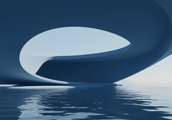 Modern Architectural Design Over Water Reflection, Abstract Structure, Minimalist Blue Art, Futuristic Concept.