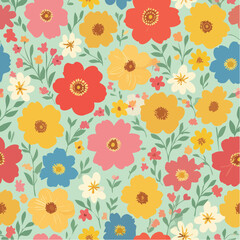 Colorful vintage flower art seamless pattern illustration. Retro nature floral background in hand drawn style. Spring season decoration texture, nature textile drawing print.