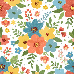 Colorful vintage flower art seamless pattern illustration. Retro nature floral background in hand drawn style. Spring season decoration texture, nature textile drawing print.