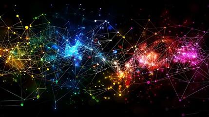 Fototapeta premium Imaginative abstract visualization of a complex network with glowing nodes and connections in vibrant rainbow colors across a dark background. Data concept. 