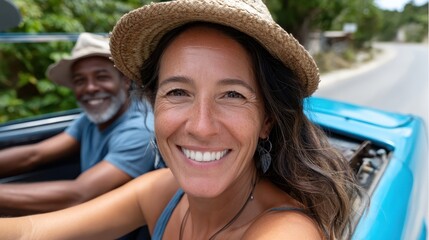 A joyful woman and a man in a hat share a happy moment in a car, driving together on a sunny day, surrounded by lush greenery reflecting companionship and adventure.