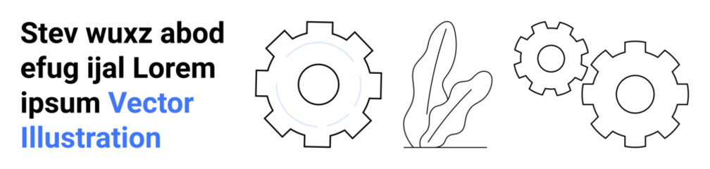 Three interlocking gears of varying sizes and a plant silhouette evoke collaboration, nature, and functionality. Ideal for technology, automation, teamwork, green energy, sustainability, process