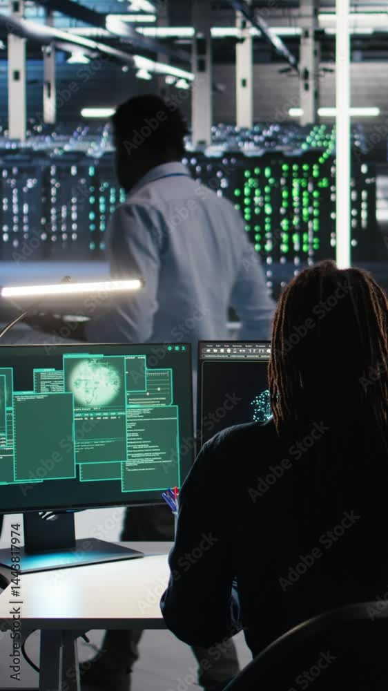 Poster vertical video server hub admin responds to cyberattack attempting to access confidential data while