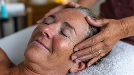 Obraz premium A woman enjoys a calming facial massage, highlighting relaxation and self-care in a serene spa environment, emphasizing the soothing touch of a skilled therapist.
