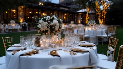 Elegant outdoor wedding reception.  A lavishly decorated outdoor dining area, complete with round tables draped in crisp white linens, gold charger plates,  and  white floral arrangements.