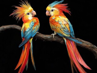 Obraz premium Two colorful parrots perched on branch, black background, wildlife, nature