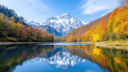 Fototapeta premium Snowy mountain peak reflects in a calm alpine lake surrounded by colorful autumn forest under a clear blue sky.