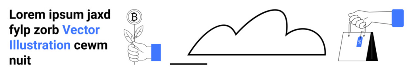 Cloud shape, hand with leaves, and hand carrying shopping bags emphasize sustainability, eco-conscious decisions, digital services, and balance. Ideal for sustainability, environment, shopping