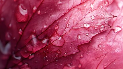 Fototapeta premium Close-up view of a vibrant magenta leaf covered in water droplets