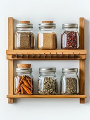 A wooden spice rack displaying various jars filled with colorful spices and herbs