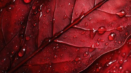 Fototapeta premium Deep red leaf with water droplets