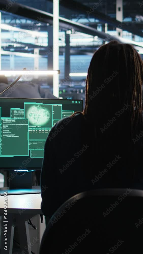 Poster vertical video panicked engineer in ai server facility reacts to hacking incident involving theft of