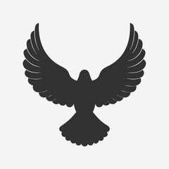 Obraz premium Minimalist vector illustration of a dove in flight with wings fully spread, symmetrical composition, black and white silhouette, symbolizing peace and freedom, bold contrast and clean lines, graphic a