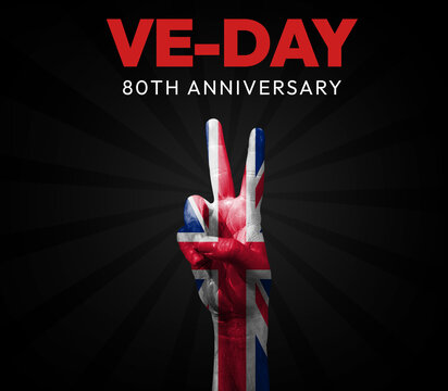 VE Day with Victory Hand gesture and painted United Kingdom flag, patriotic background. 80th anniversary of Victory in Europe concept backdrop