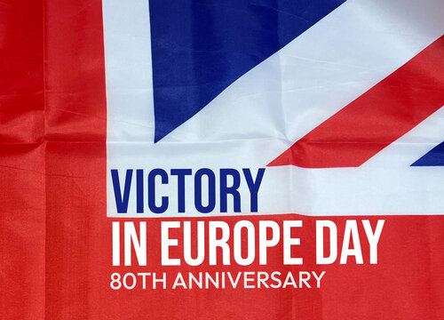 Victory in Europe Day Background with flag and typography. 80th anniversary of world war two victory concept backdrop, patriotic, national