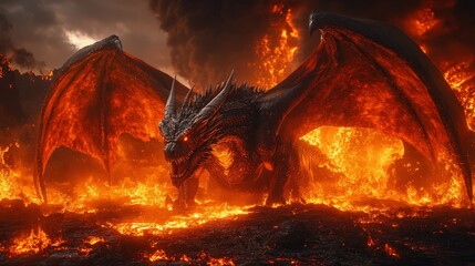 Fiery dragon amidst volcanic flames