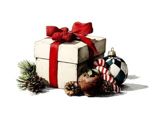Holiday Gift Box: A festive holiday gift box adorned with a red bow and ribbon sits surrounded by classic seasonal elements like ornaments, pinecones, and candy canes.