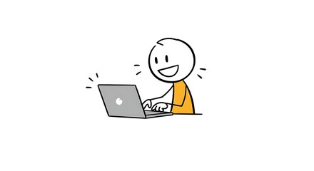 Optimistic stick figure diligently typing on a laptop, radiating joy and success
