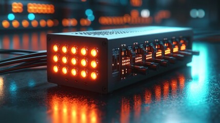 Server hub with ports glowing, lights in blurred background